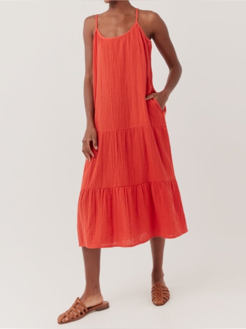 PACT | Coastal Cami Midi Dress in Red/Coral Organic Cotton Gauze, Size Medium